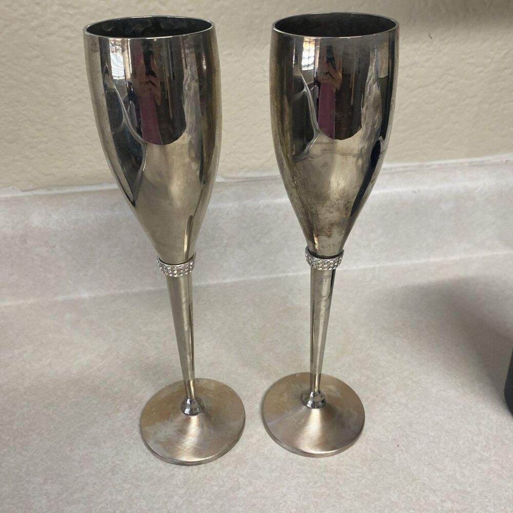 Things Remembered Silver Plated Swarovski Crystal Champagne Toasting Flutes Set